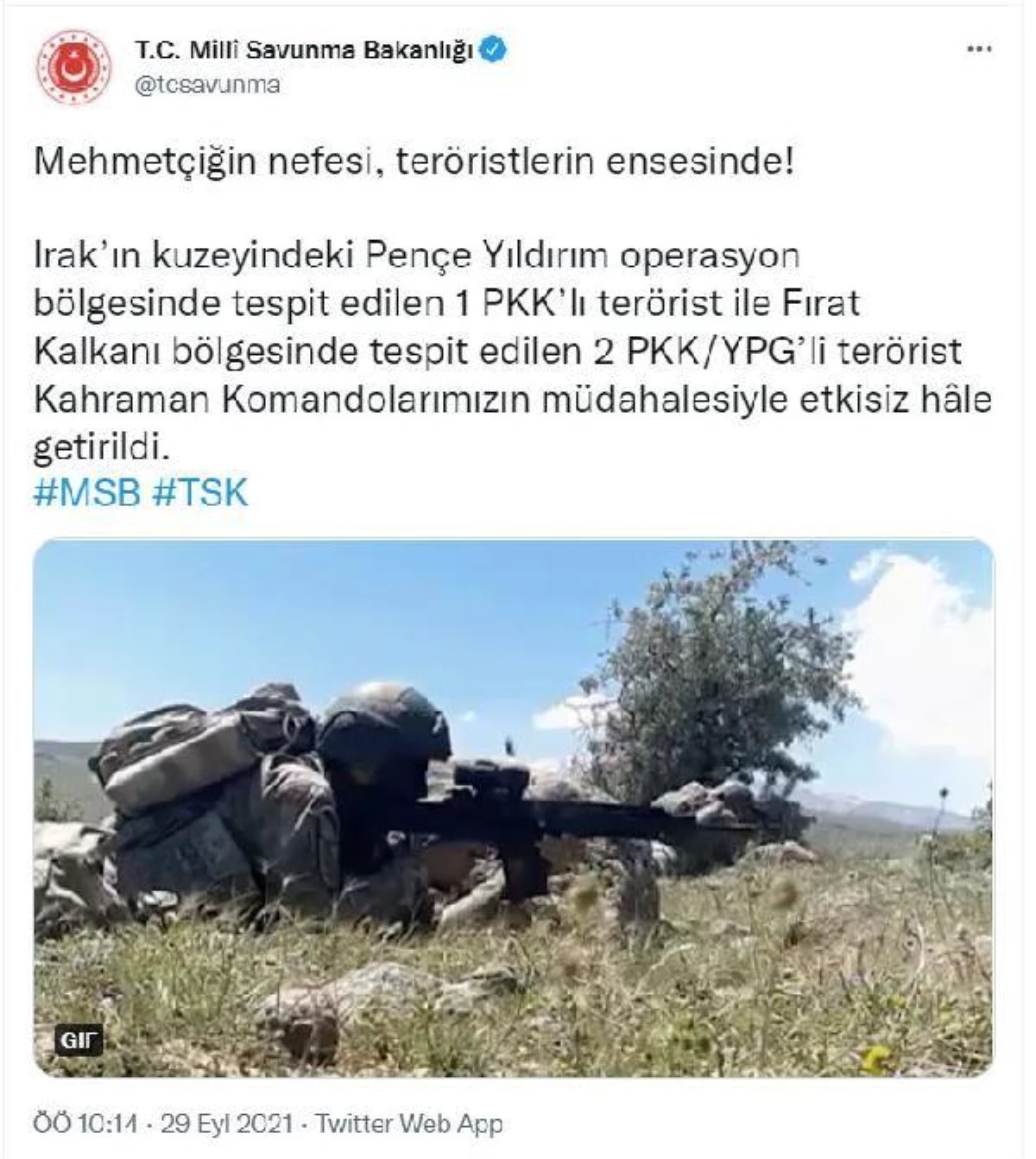 Son dakika haberi | MSB: 3 PKK\'lı terörist etkisiz hale getirildi