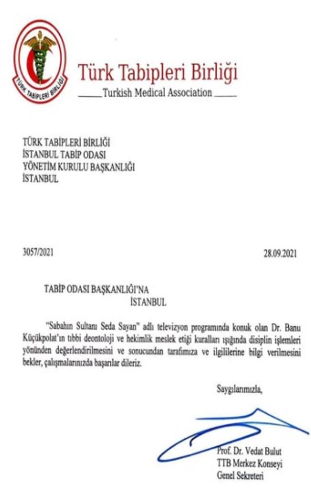 Türk Tabipleri Birliği, Seda Sayan'a konuk olan Opr. Dr. Banu Küçükpolat için inceleme talebinde bulundu