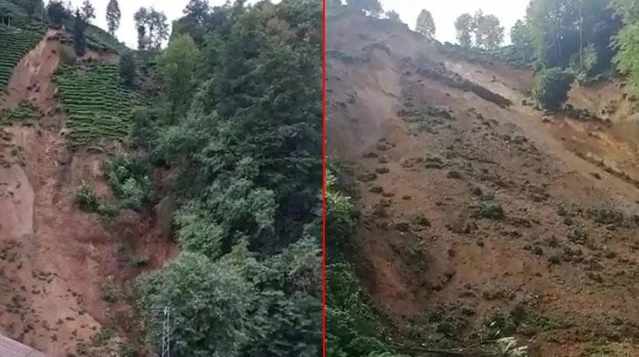 Çay tarlasında yaşanan heyelanda bir kişi son anda kaçmayı başardı! O anlar kamerada