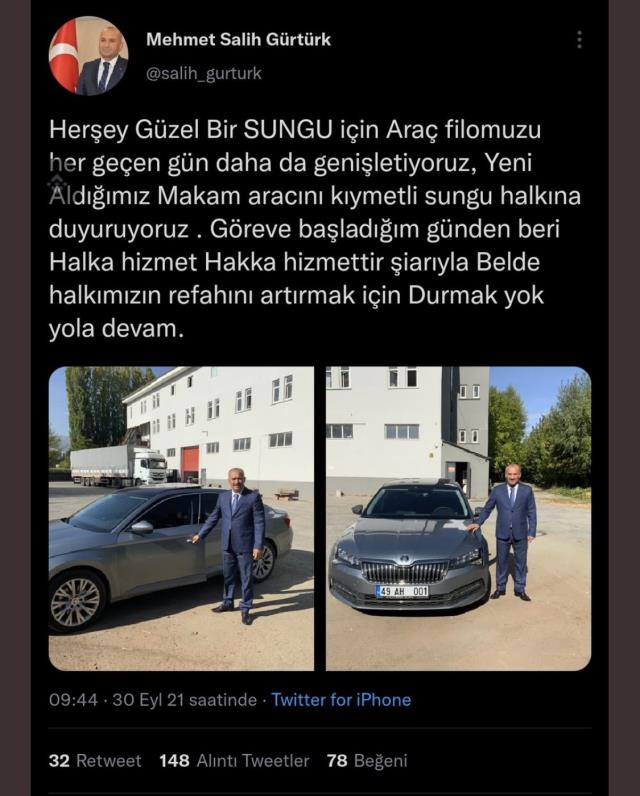 Sungu Belediye Başkanı'nın yeni makam aracını 'halka hizmet' olarak paylaşması tepki topladı