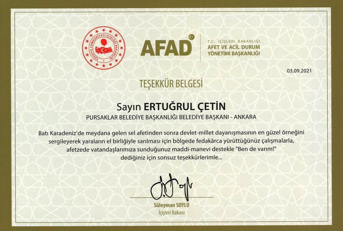Bakan Süleyman Soylu\'dan, Başkan Ertuğrul Çetin\'e teşekkür belgesi