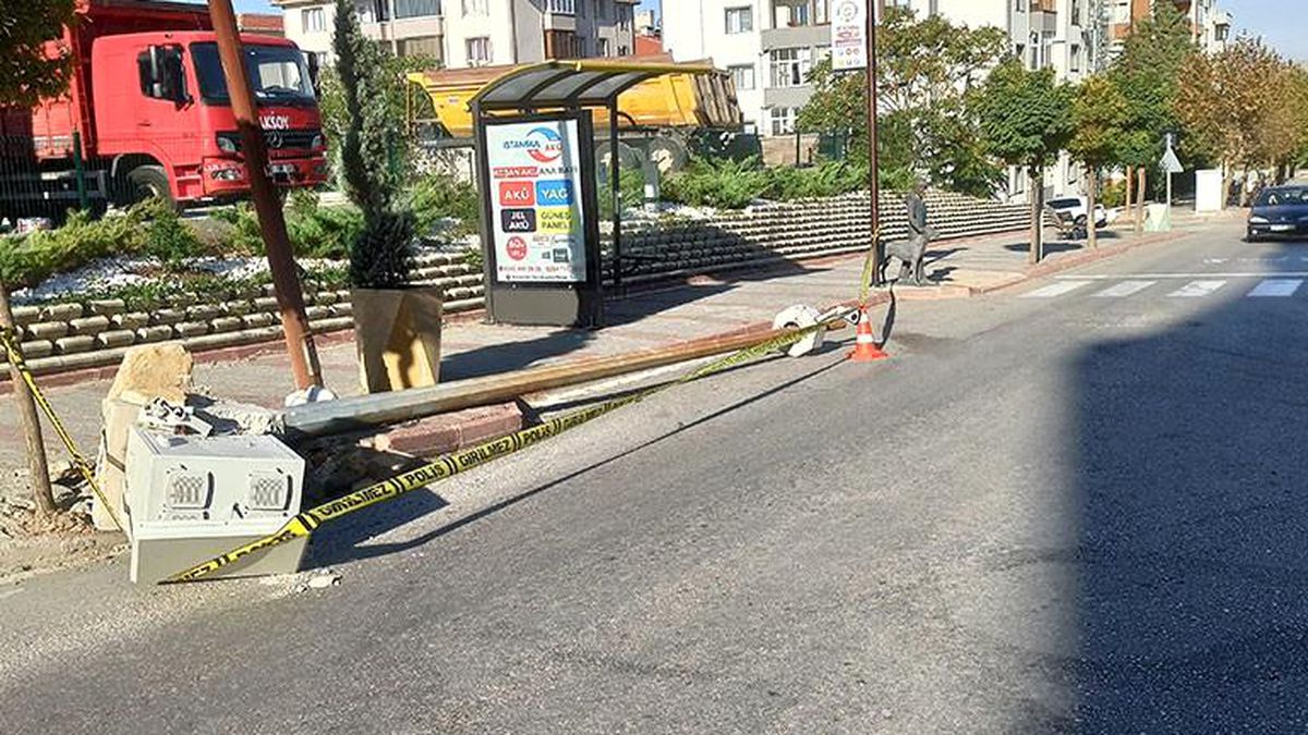 Manevra yapan tır çarptığı direği devirdi
