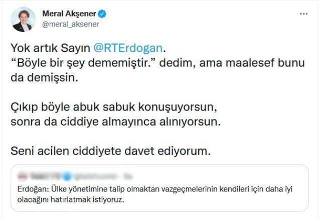 Akşener'den Cumhurbaşkanı Erdoğan'a sert yanıt: Maalesef bunu da demişsin Akşener'den Cumhurbaşkanı Erdoğan'a sert yanıt: Maalesef bunu da demişsin