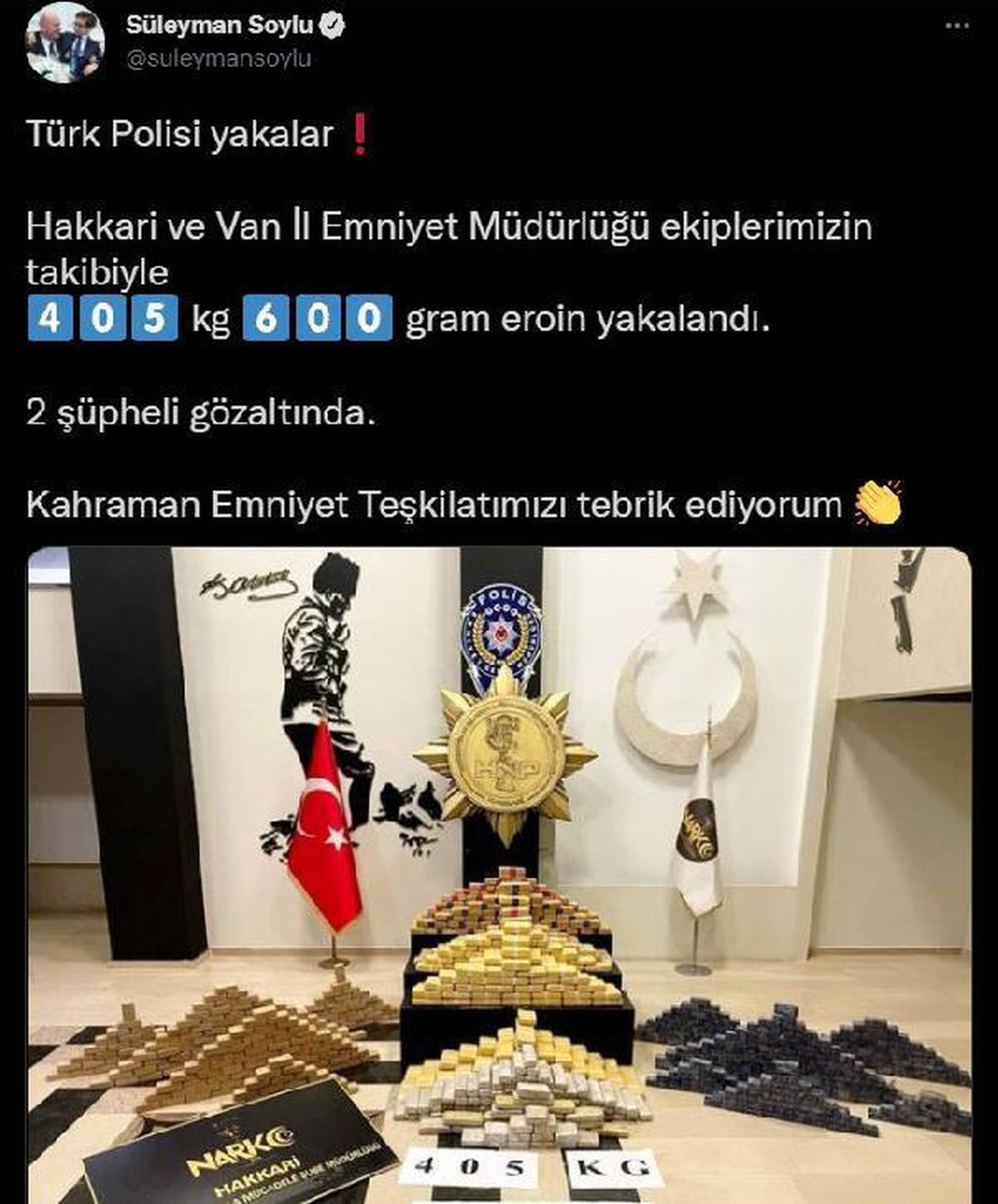Son dakika haberi: Bakan Soylu: 405 kilo 600 gram eroin yakalandı