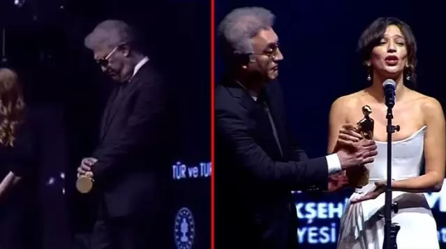 Altın Portakal'da Nihal Yalçın'ın konuşması sırasında Tamer Karadağlı'nın tavırları geceye damga vurdu Altın Portakal'da Nihal Yalçın'ın konuşması sırasında Tamer Karadağlı'nın tavırları geceye damga vurdu