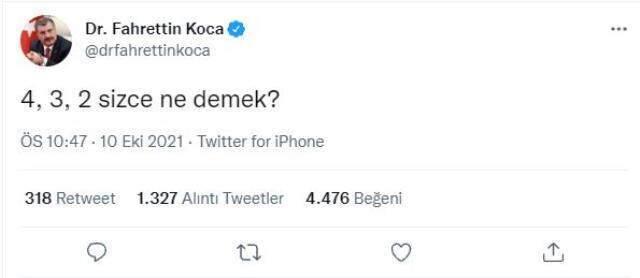 Bakan Koca merak uyandıran '4, 3, 2 ne demek?' paylaşımına açıklık getirdi Bakan Koca merak uyandıran '4, 3, 2 ne demek?' paylaşımına açıklık getirdi