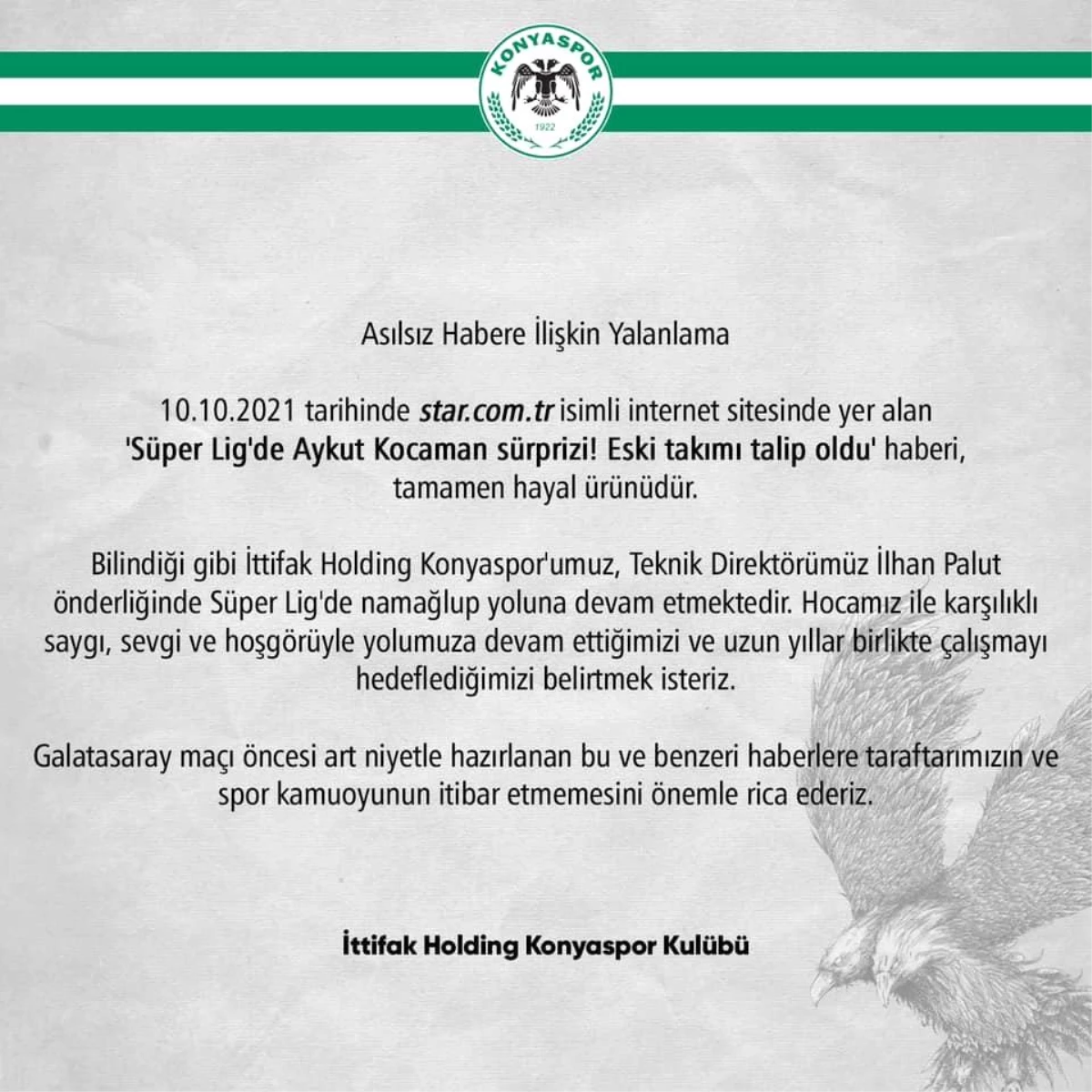 Konyaspor, Aykut Kocaman\'ın yeniden göreve getirileceği haberlerini yalanladı