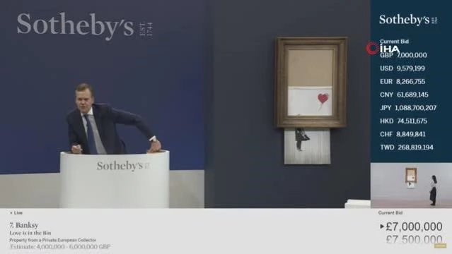 İngiliz sanatçı Banksy'nin eseri rekor fiyata alıcı bulduBanksy'nin Love is in the Bin 18 milyon poundan fazlaya satıldı