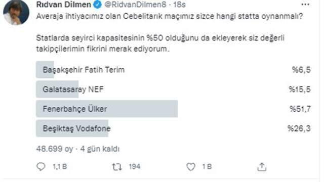 TFF'ye 'Maçın yeri değişsin' çağrısında bulunan Rıdvan Dilmen, anket başlattı: Siz karar verin TFF'ye 'Maçın yeri değişsin' çağrısında bulunan Rıdvan Dilmen, anket başlattı: Siz karar verin