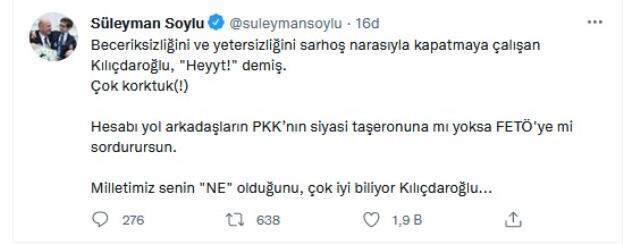 Kılıçdaroğlu'nun bürokratlara çağrısına en sert tepki Bakan Soylu'dan geldi: Beceriksizliğini sarhoş narasıyla kapatmaya çalışıyor Kılıçdaroğlu'nun bürokratlara çağrısına en sert tepki Bakan Soylu'dan geldi: Beceriksizliğini sarhoş narasıyla kapatmaya çalışıyor