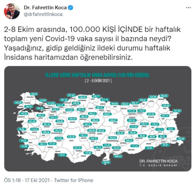 Son Dakika: 100 bin kişide görülen haftalık vaka haritasında Zonguldak, 551,76 ile en fazla vakanın görüldüğü il oldu