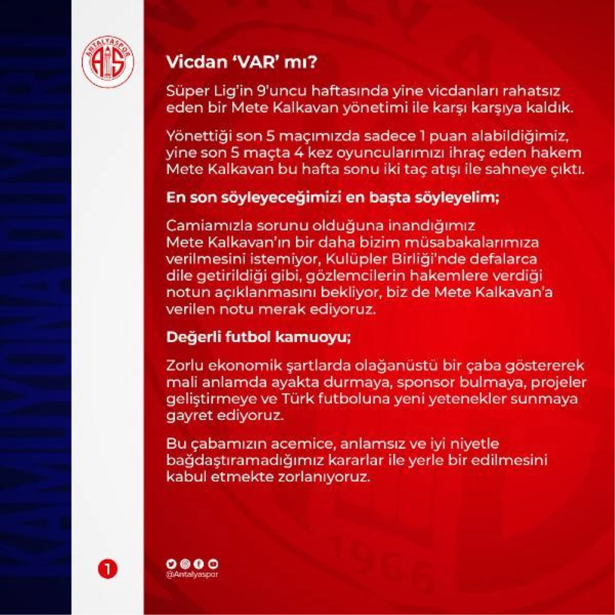 Antalyaspor Kulübünden hakem Mete Kalkavan\'a tepki Açıklaması