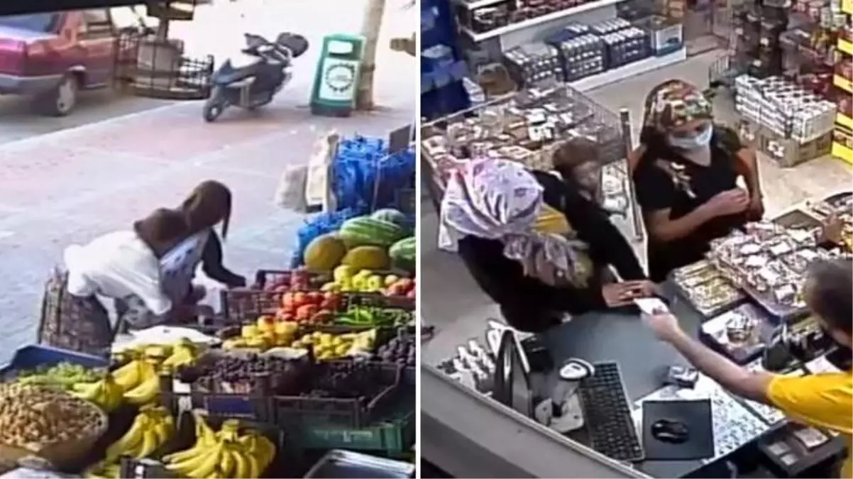 Anne ve çocuk marketin önündeki tezgahtan nar ve üzüm çaldı