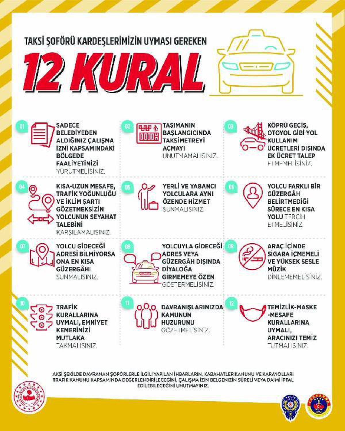 İçişleri Bakanlığı taksi şoförlerine "12 kural"ı hatırlattı