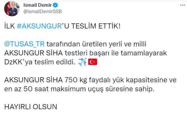 Savunma Sanayii Başkanı bizzat duyurdu! İlk Aksundur SİHA teslim edildi, işte özellikleri Savunma Sanayii Başkanı bizzat duyurdu! İlk Aksundur SİHA teslim edildi, işte özellikleri