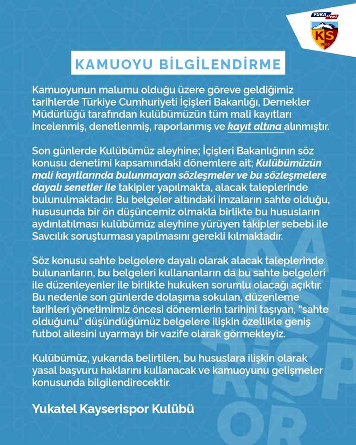 Kayserispor Kulübü\'nden sahte senet uyarısı