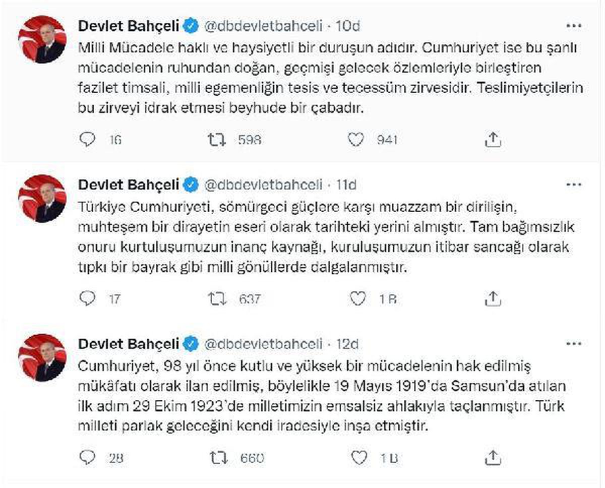 MHP Genel Başkanı Bahçeli\'den 29 Ekim Cumhuriyet Bayramı mesajı Açıklaması