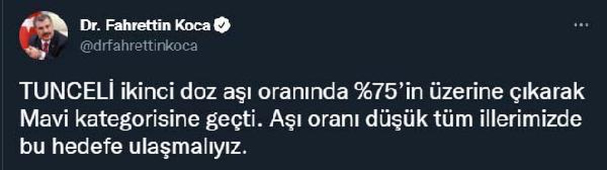 Koca: Tunceli ikinci doz aşı oranında mavi kategoriye geçti
