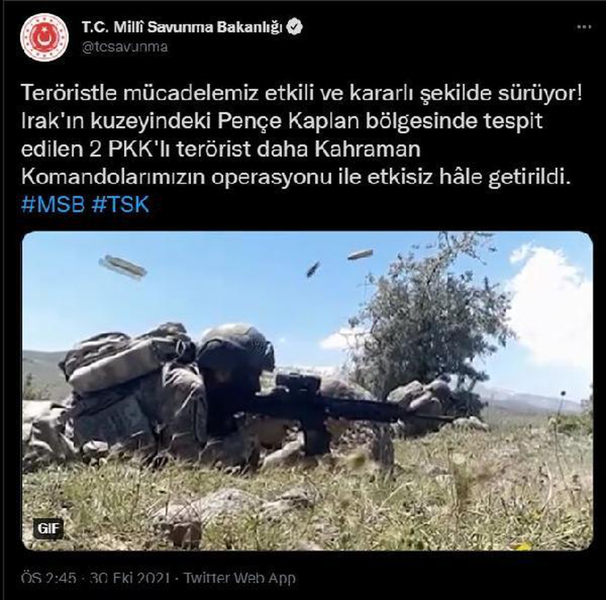 MSB: Irak\'ın kuzeyinde 2 PKK\'lı etkisiz hale getirildi