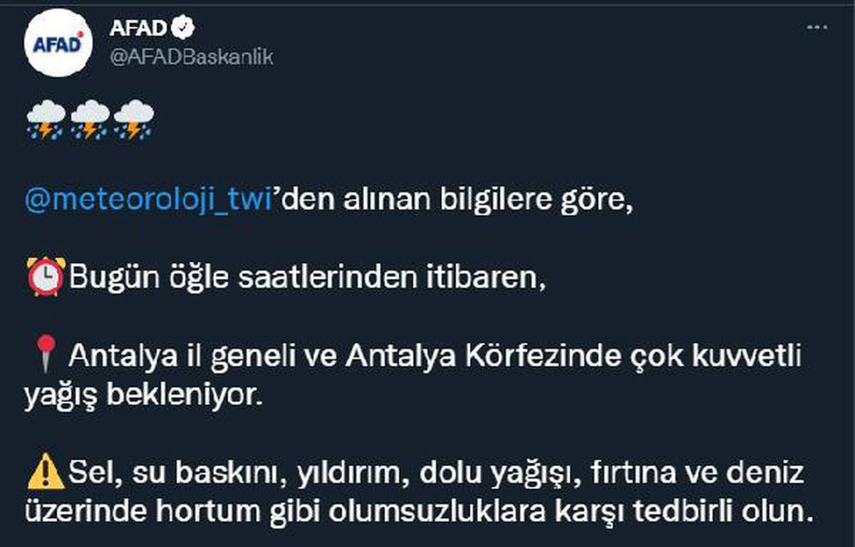 AFAD\'dan Antalya için \'sel\' uyarısı