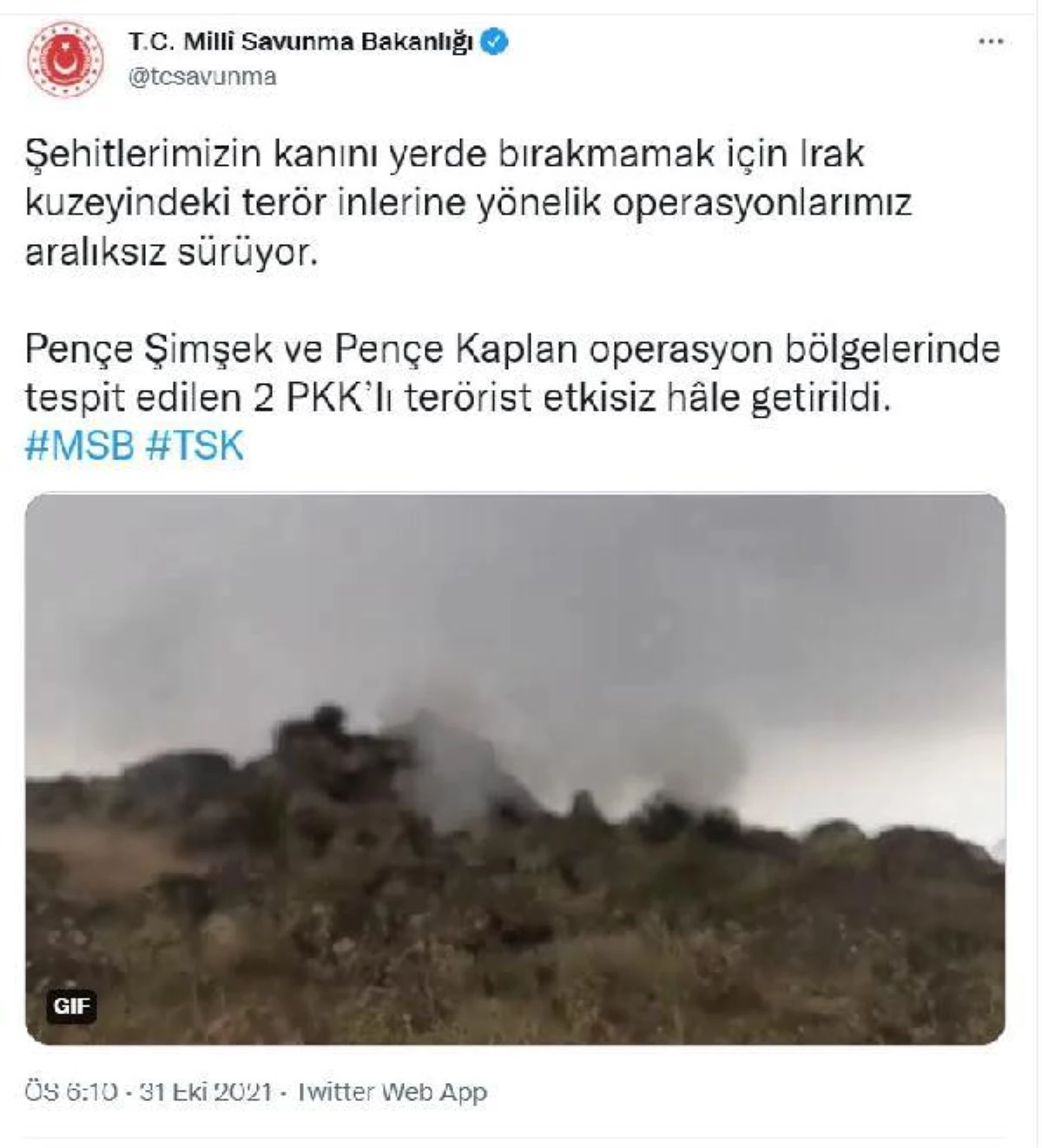 Pençe Şimşek ve Pençe Kaplan bölgelerinde 2 PKK\'lı terörist etkisiz hale getirildi