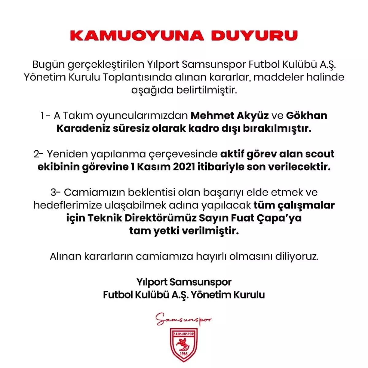 Samsunspor\'da Mehmet Akyüz ve Gökhan Karadeniz süresiz kadro dışı bırakıldı!