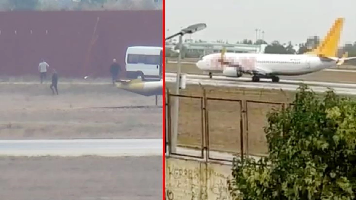Adana Havalimanı\'nda piste inen uçağın önüne çıktılar!