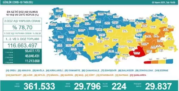 Koronavirüs salgınında günlük vaka sayısı 29 bin 796 oldu