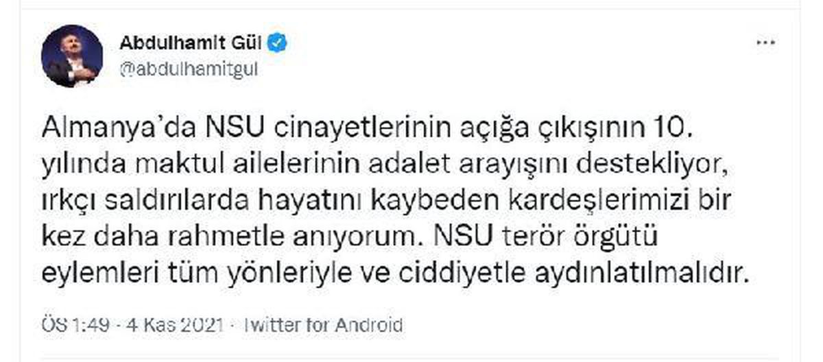 Bakan Gül: NSU terör örgütü eylemleri tüm yönleriyle aydınlatılmalı