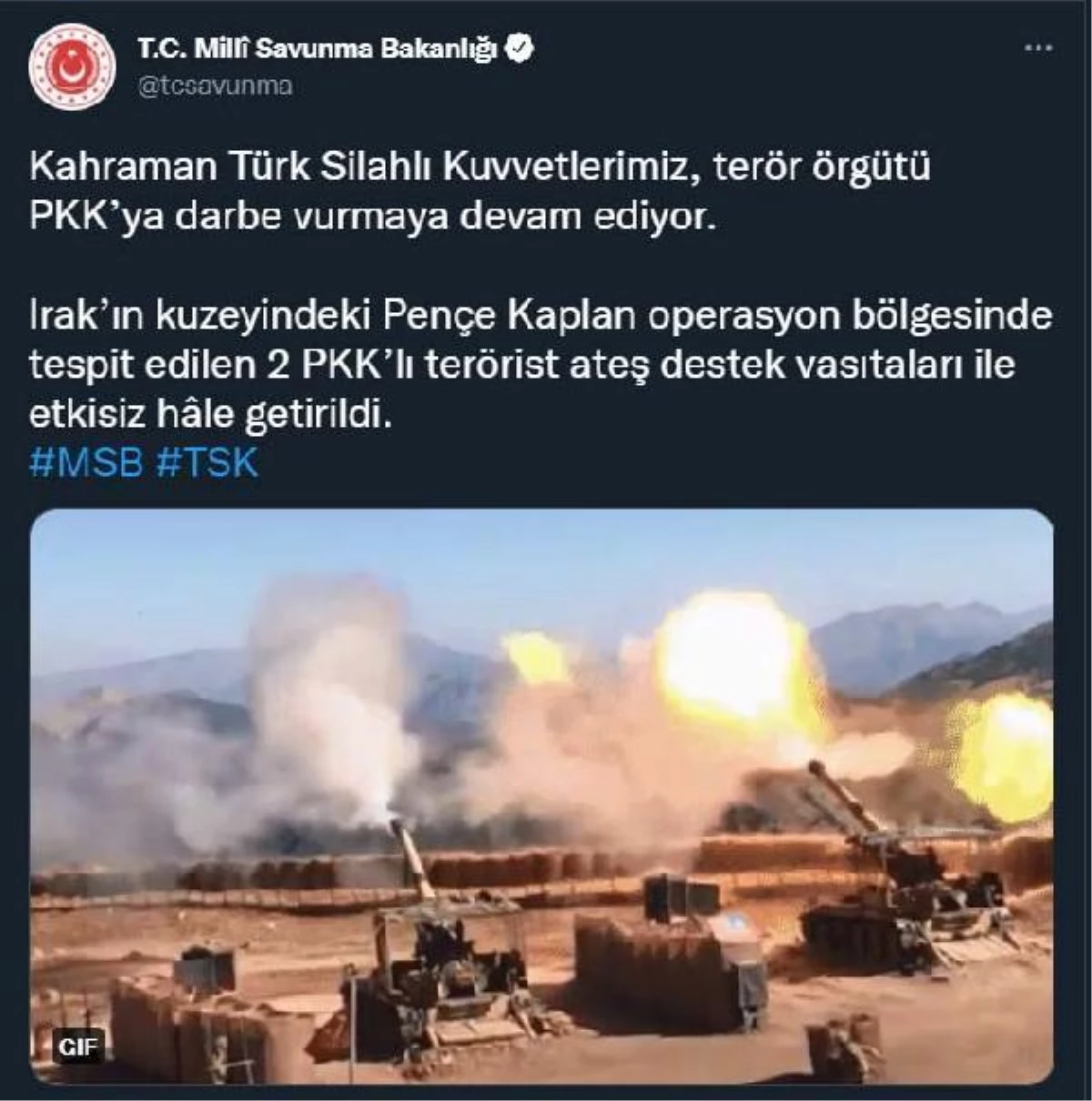 MSB: Irak\'ın kuzeyinde 2 PKK\'lı terörist etkisiz hale getirildi