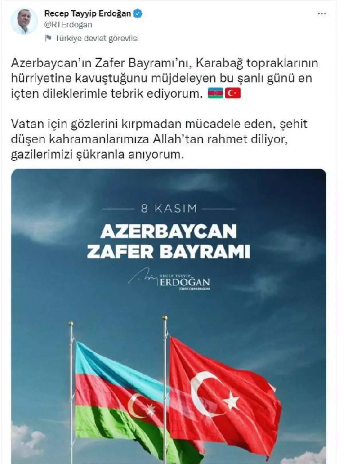 Son dakika haberleri... Cumhurbaşkanı Erdoğan, Azerbaycan Zafer Bayramı\'nı kutladı