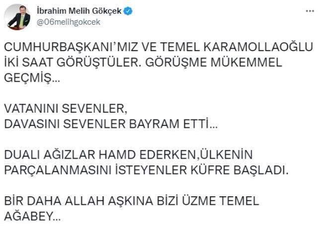 Melih Gökçek, Cumhurbaşkanı Erdoğan'la görüşen Temel Karamollaoğlu'na seslendi: Bir daha bizi üzme