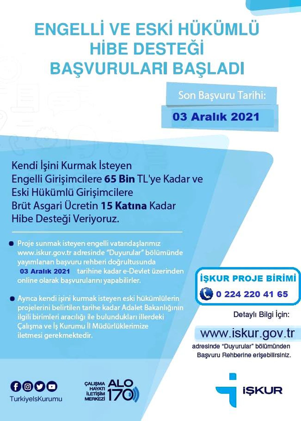 Engelli ve eski hükümlü hibe desteği başvuruları başladı
