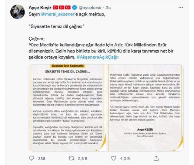 AK Partili Keşir'den Akşener'e mektup: Küfürlü dil kullanarak siyasetin bacısı olamazsınız