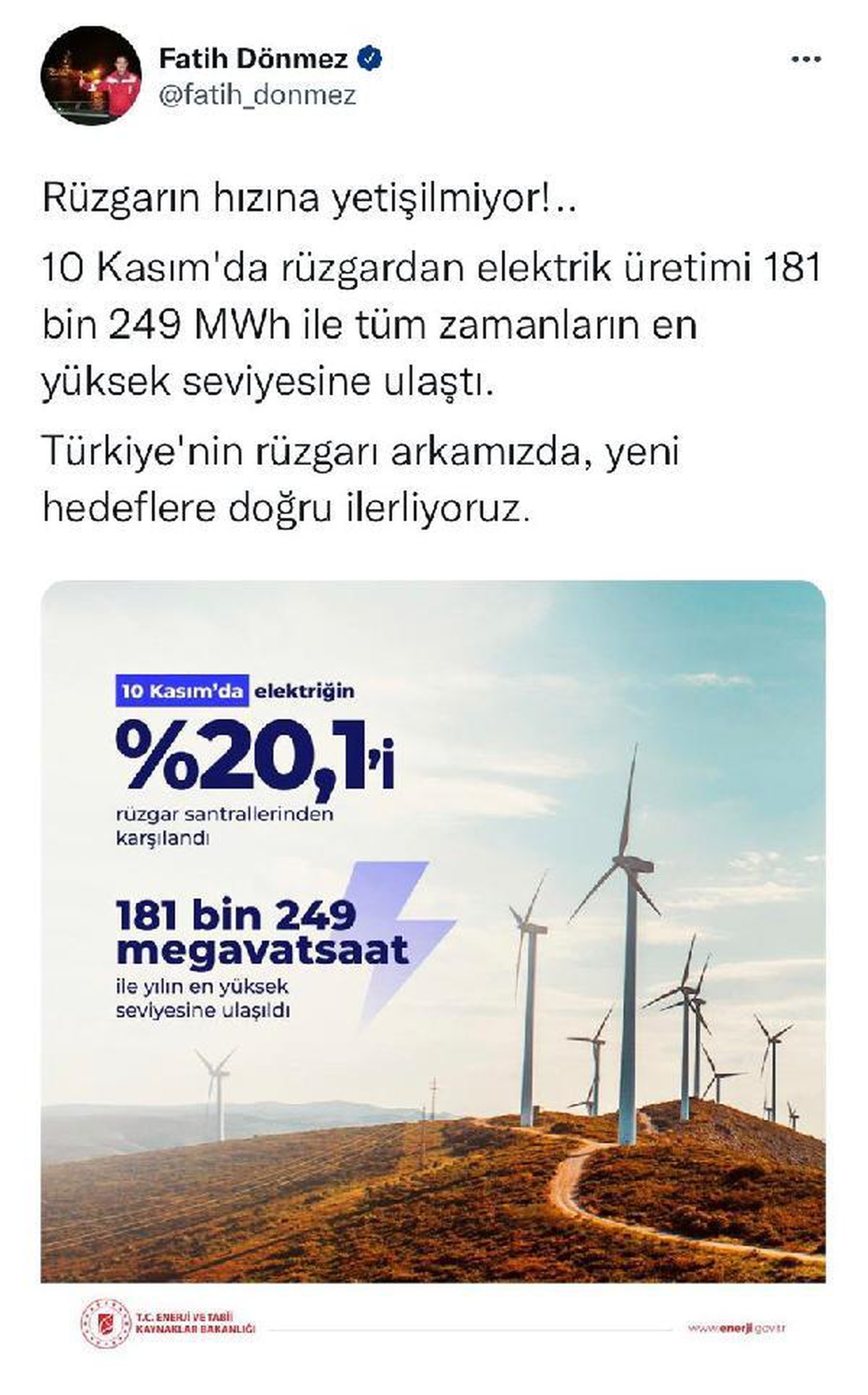 Bakan Dönmez: Rüzgardan elektrik üretimi tüm zamanların en yüksek seviyesine ulaştı
