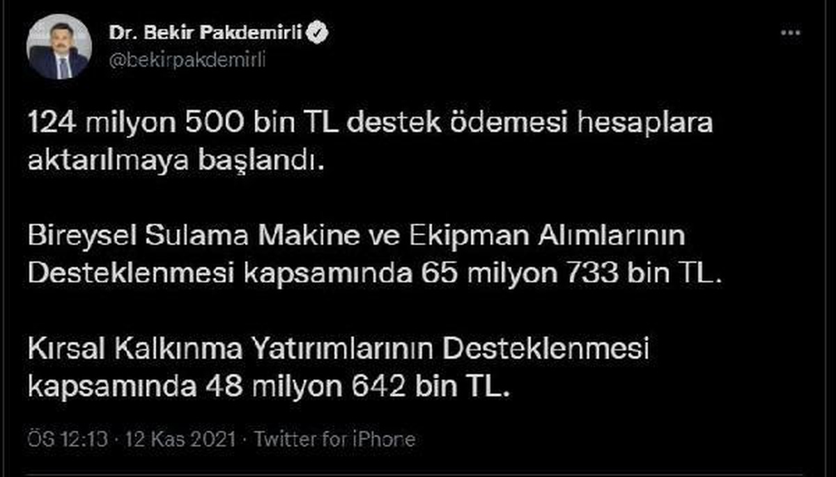 Son dakika... Bakan Pakdemirli: "124,5 milyon liralık destek ödemesini hesaplara aktarmaya başladık"