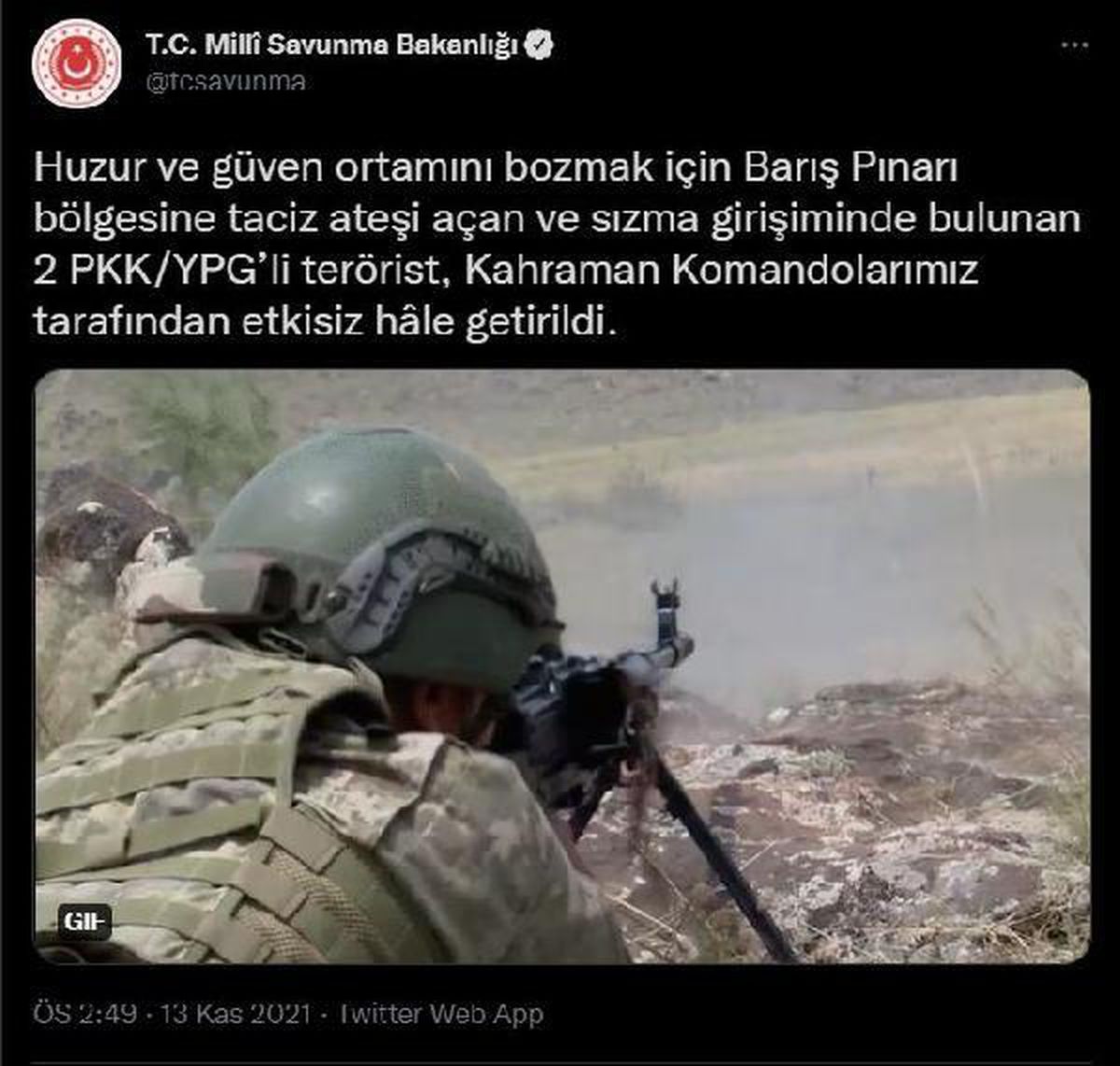 MSB: 2 PKK/YPG\'li terörist etkisiz hale getirildi
