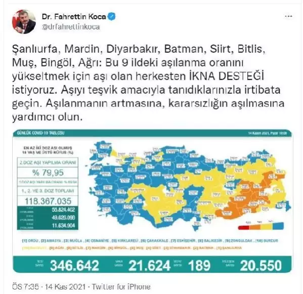 Koronavirüs salgınında günlük vaka sayısı 21 bin 624 oldu