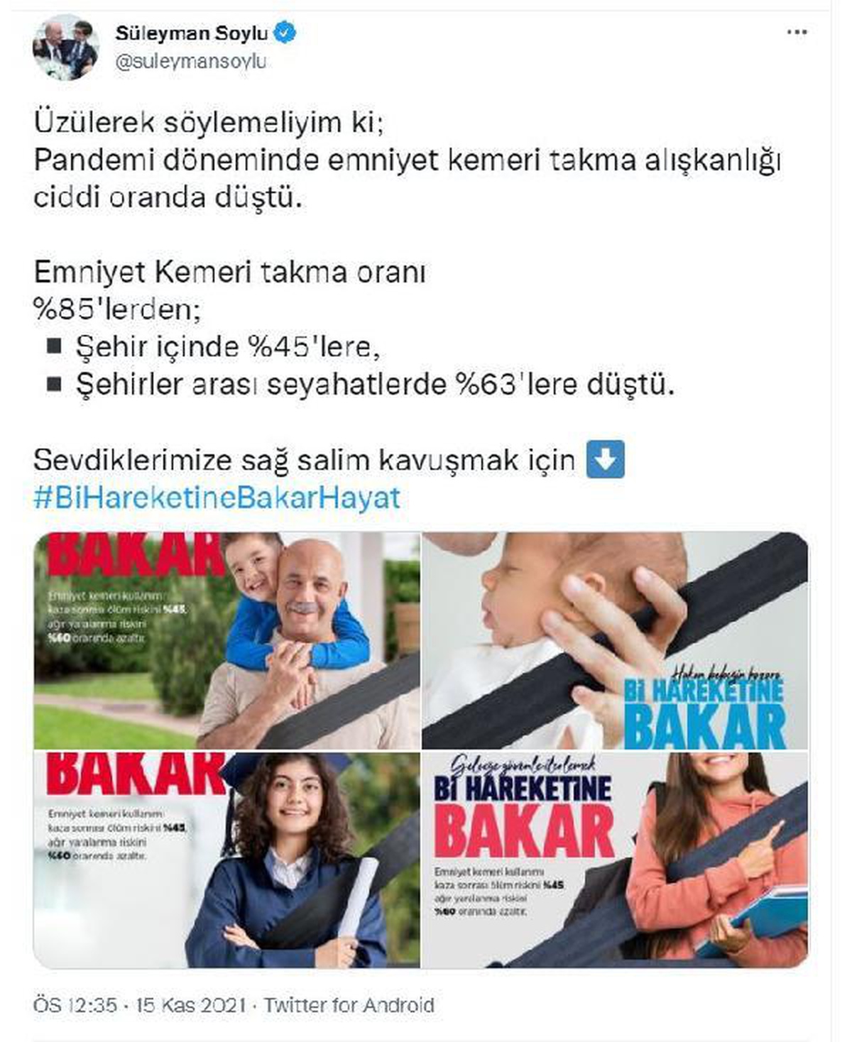 İçişleri Bakanı Süleyman Soylu\'dan emniyet kemeri uyarısı Açıklaması