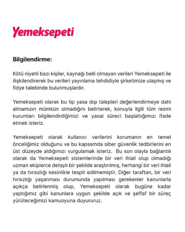 Yemek Sepeti: Hacklendik, fidye istediler