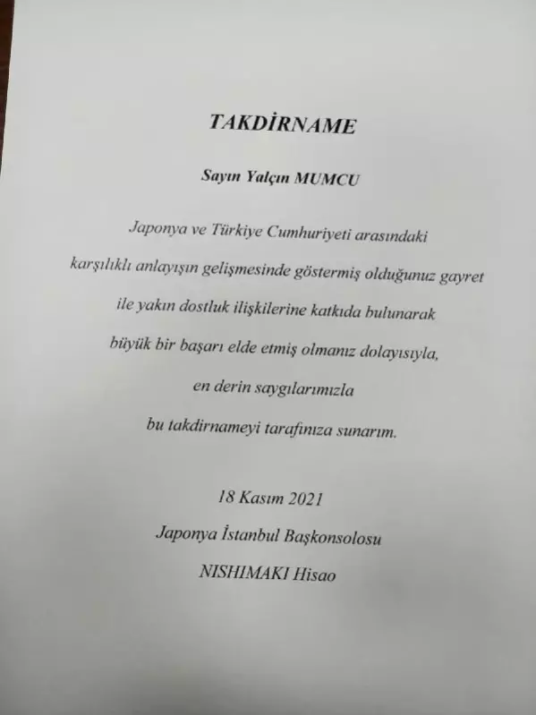 Japonya'dan, depremde yardımlarına koşan AFAD ekibine anlamlı takdirname