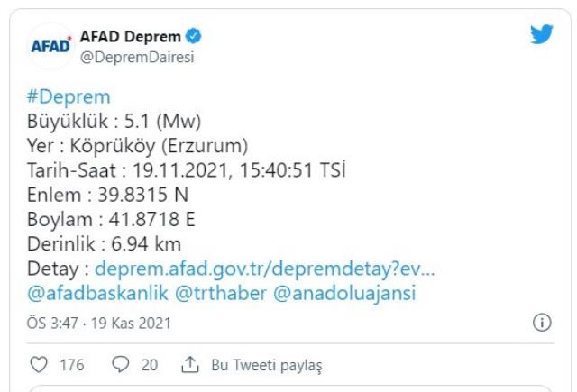 Son dakika! Erzurum'da 5,1 büyüklüğünde deprem