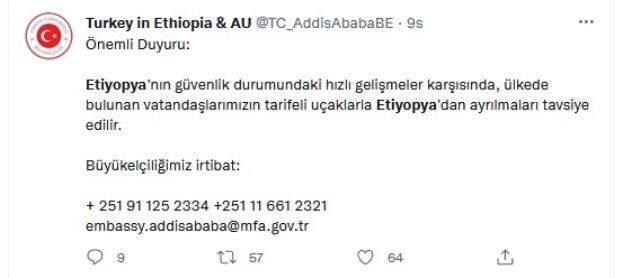 Türkiye, Etiyopya'daki vatandaşlarına ülkeden ayrılmalarını tavsiye etti