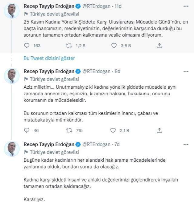 Cumhurbaşkanı Erdoğan'dan 25 Kasım Kadına Yönelik Şiddete Karşı Mücadele Günü mesajı: Kararlıyız