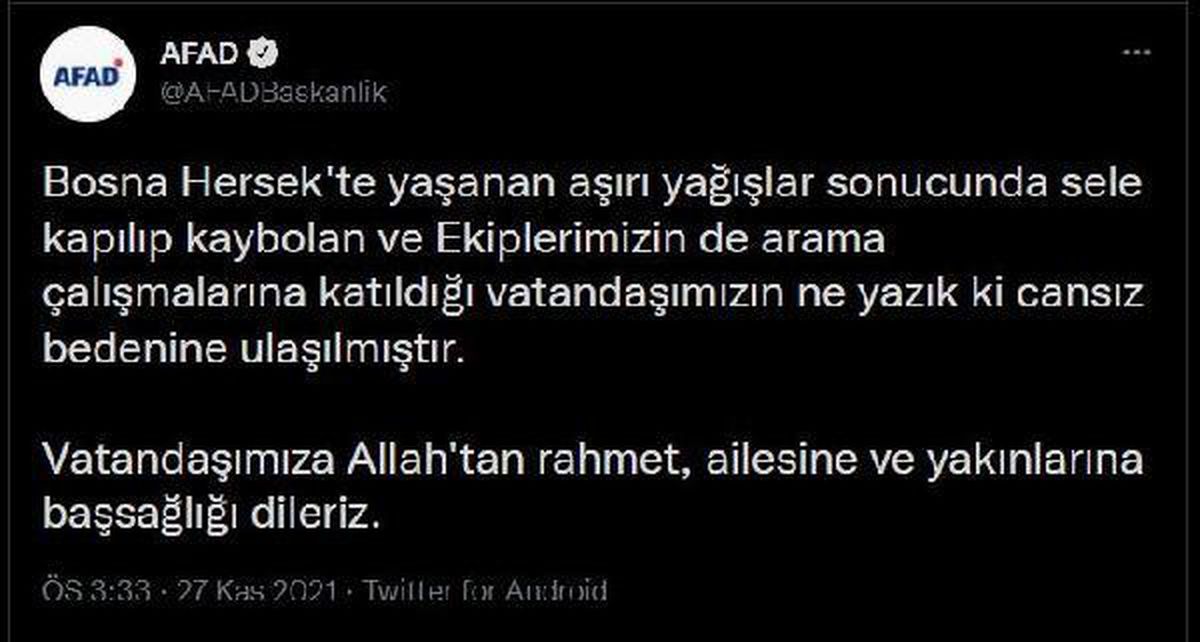 AFAD: Bosna Hersek\'te sele kapılan vatandaşımızın cansız bedenine ulaşıldı