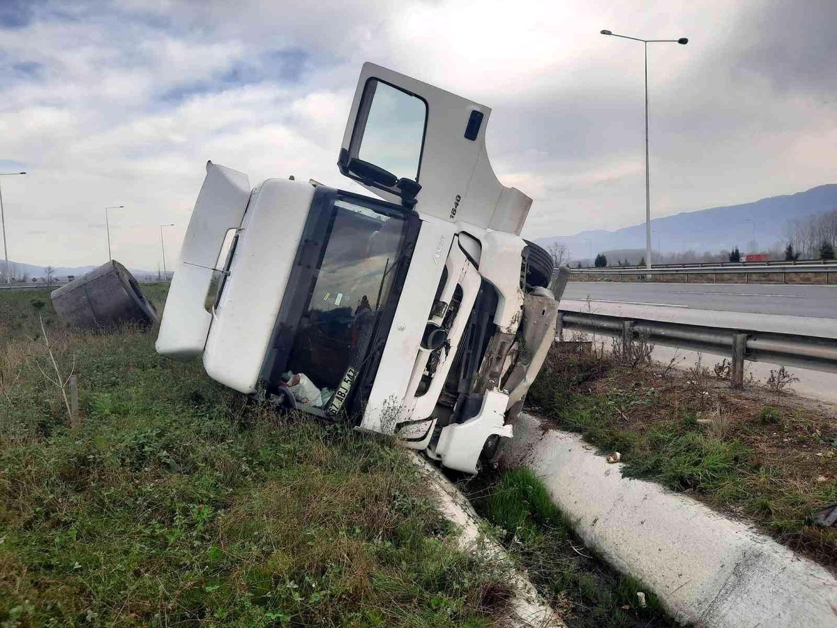 TEM Otoyolu\'nda lastiği patlayan tır devrildi: 2 yaralı