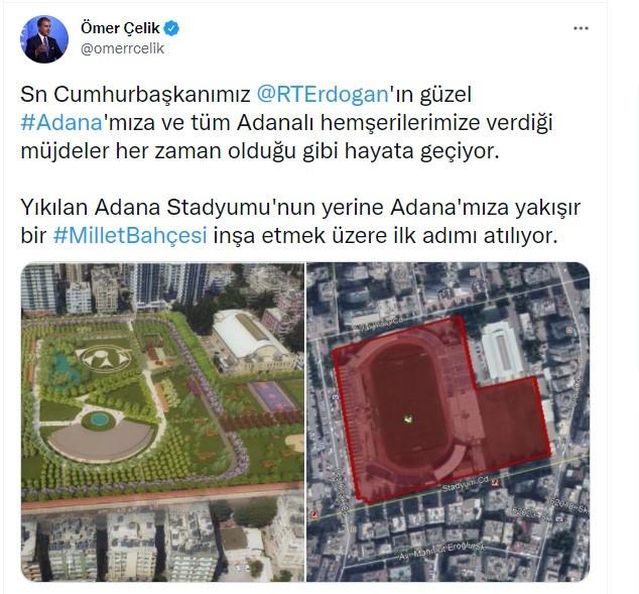 AK Parti'li Çelik: Adana Stadyumu'nun yerine Millet Bahçesi inşa etmek üzere ilk adım atılıyor 