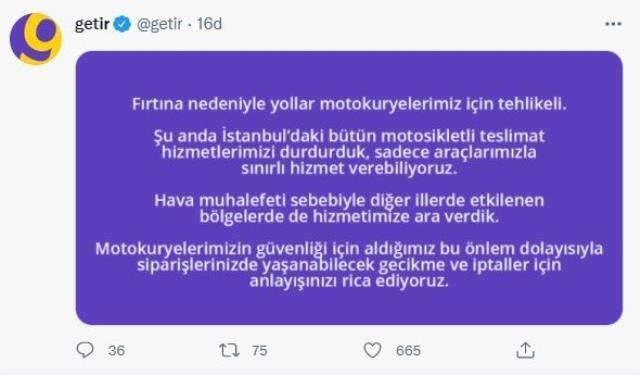 Getir şirketi, fırtına nedeniyle tüm motosikletli teslimat hizmetlerini durdurdu