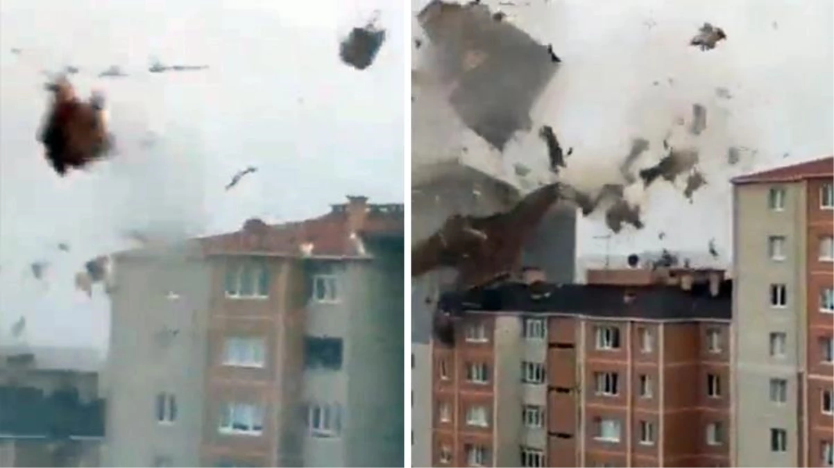 İstanbul\'da korkutan görüntüler! Fırtına, bir binanın çatısını kağıt gibi uçurdu