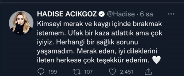 Trafik kazası geçiren Hadise'den ilk açıklama geldi